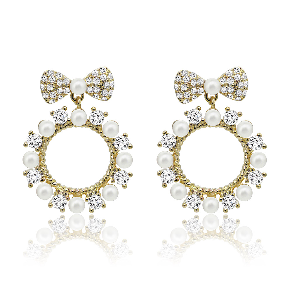 Cute CZ Bow Pearl Earrings